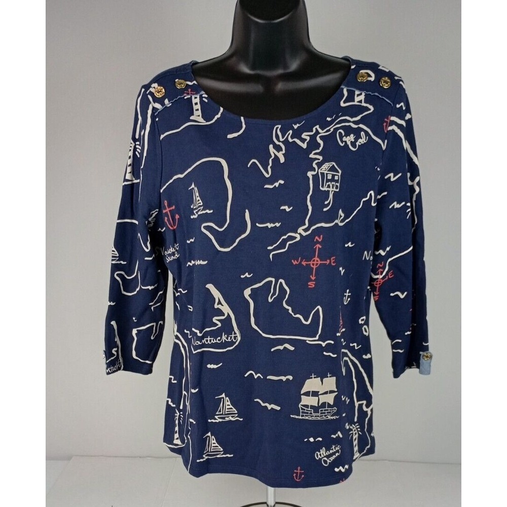 Charter Club Womens PXL Navy White‎ Cape Cod 3/4 Sleeve Round Neck Shirt